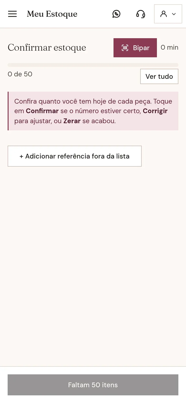 App do lojista destacando quais peças acabaram no estoque